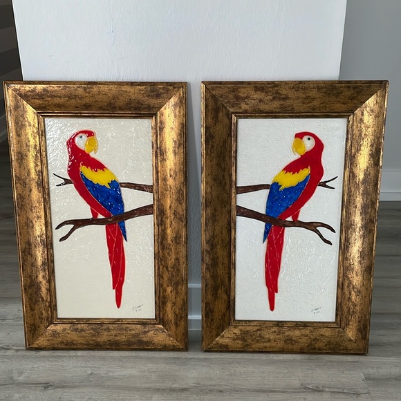 VTG Stained Glass Macaw Parrots 32x19 inches Bronze Framed...